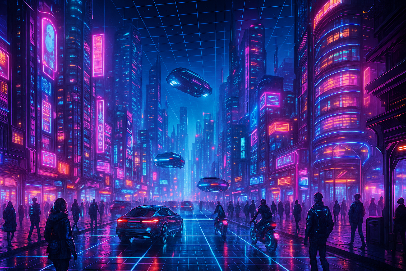 A cyber aesthetic futristic grid. Cyberpunk themeds 8k and highliy detailed with neon and colorful lights. Eye catching and breath taking. Background contains cars and other vehicles with people walking around in this utopia.