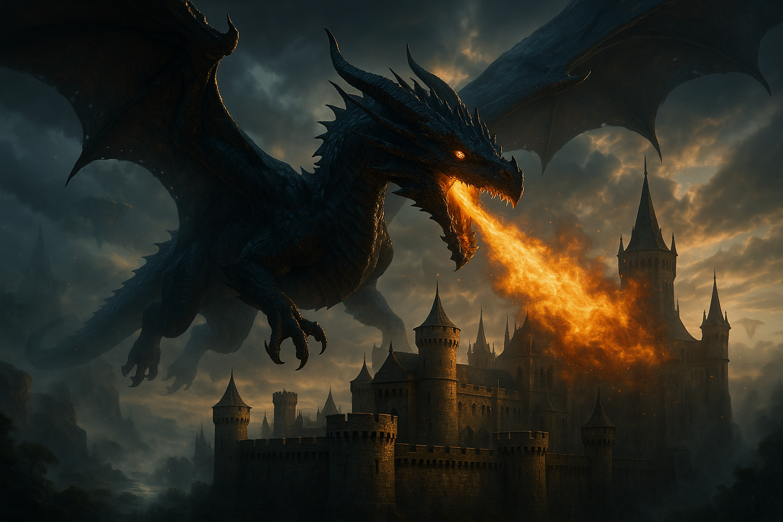 A mythic black dragon with fiery eyes, blowing fire whilst flyinng over a castle in a dramatic 8k cinematic shot exhuberating the essence and feel of a movie. Surreal landscape in the background with Hyper realistic and detailed elements. No cartoon, no sketch no watermark.