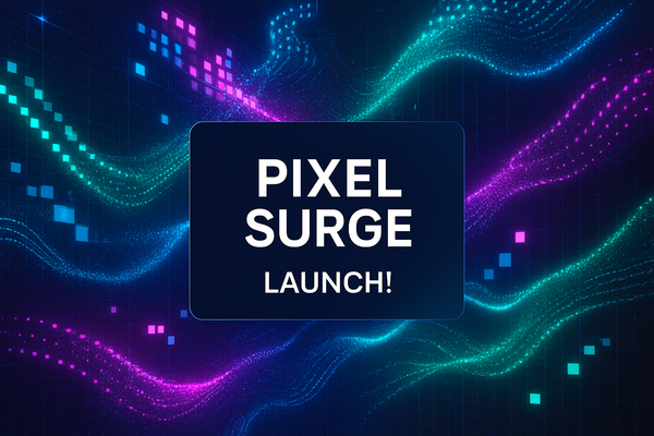 A square aspect image of with eye catching Pixel Surge launch image that will pair well with text which will go into a popup message for the store.