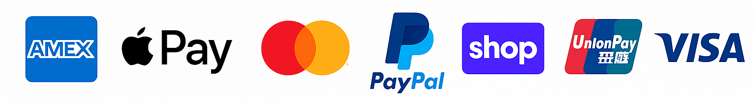 graphics of Payment type options: AMEX, Apple Pay, Google Pay, Mastercard, Paypal, Shop, Unionpay and visa in a single row evenly spaced.